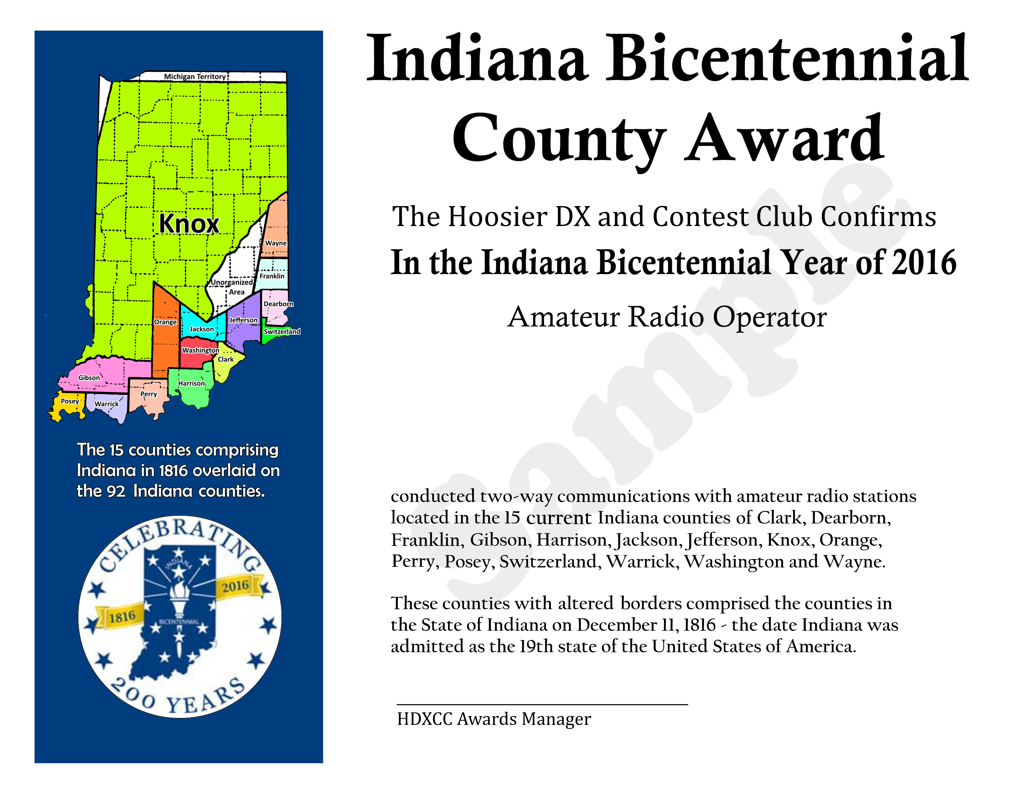 Indiana Bicentennial County Award